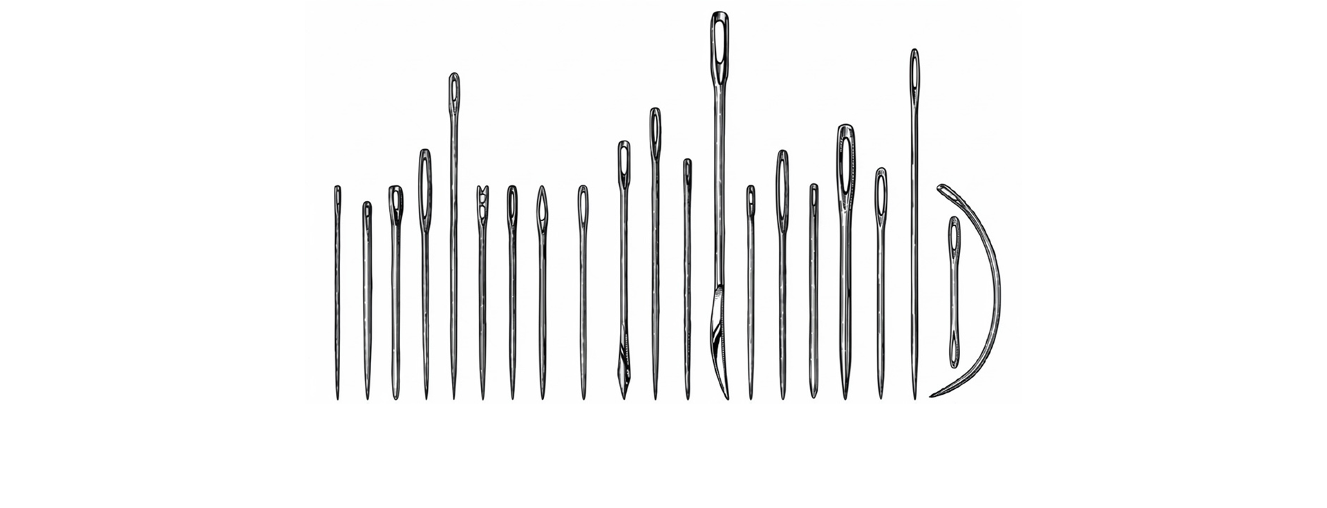 Illustration of sewing needles arranged by size, showing the variety of needle types and systems used in garment construction